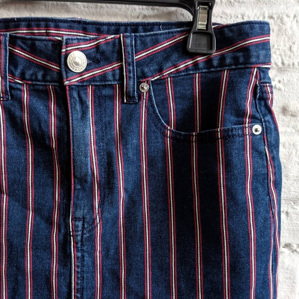 Y2K Distressed High Rise Denim Classic Dark Academia Striped Jean Mini Skirt - Picture 2 of 5